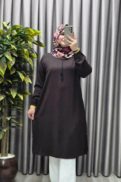 Kadın Tesettür Giyim Büyük Beden Tek Renk İpli Tunik - Resim 10