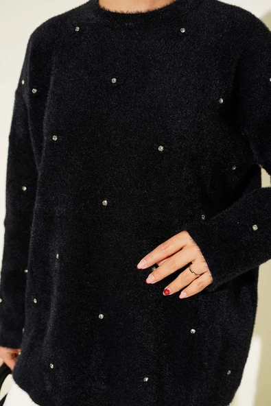 Taş Detaylı Sakallı Kazak Siyah - 4