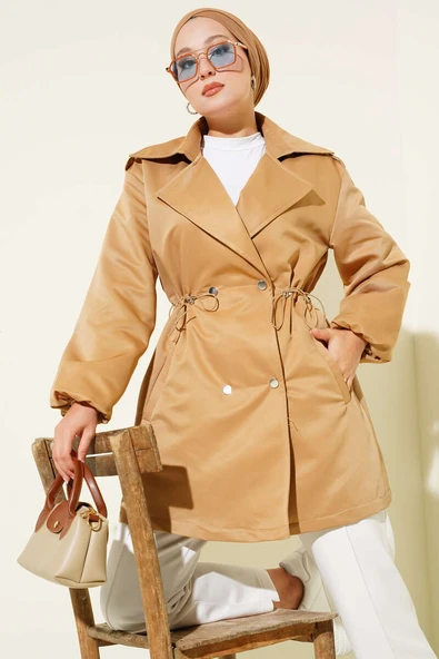 Bel Tünelli Çıtçıt Düğmeli Trençkot Latte ürün görseli 1