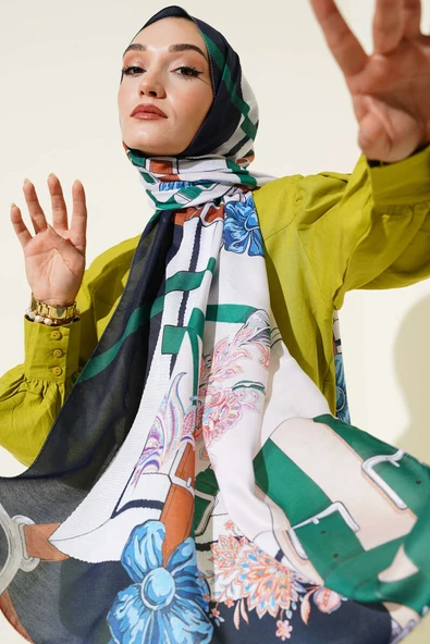 Kemer Desenli Soft Şal Lacivert Bej ürün görseli 1