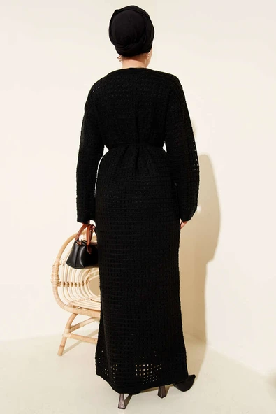 Ajurlu İp Kuşaklı Triko Elbise Siyah - Resim 3