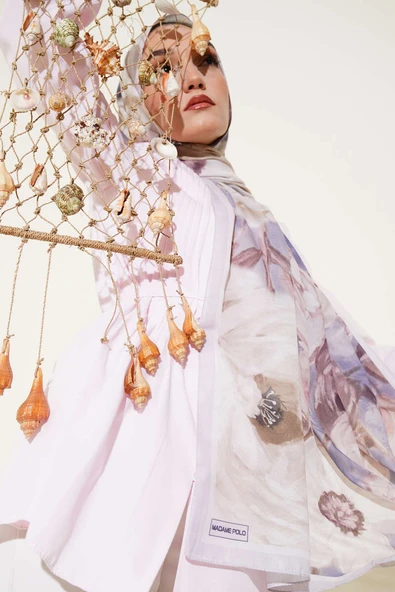 Gül Şerit Geçişli Şal Soft Bej ürün görseli 1