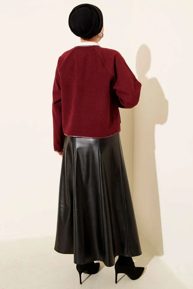 Deri Biyeli Kaşe Kısa Ceket Bordo - 3