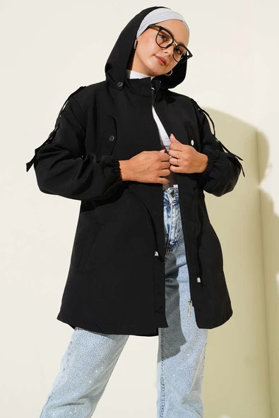 Bel Tünelli Kapüşonlu Trençkot Siyah - Resim 2