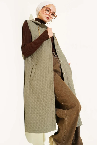 Kapüşonlu Kapitone Yelek Haki - Resim 2