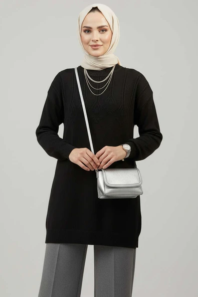 Kabartma Desen Yumoş Triko Tunik Siyah ürün görseli