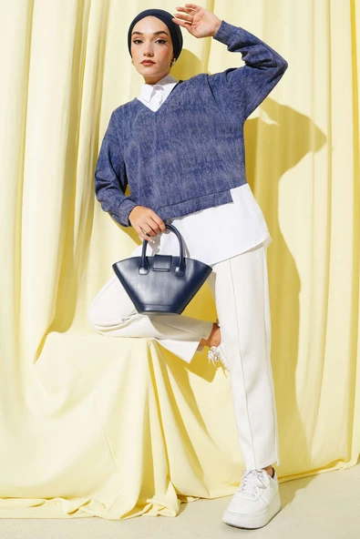 Gömlek Yakalı Granili Tunik Mavi - Resim 2