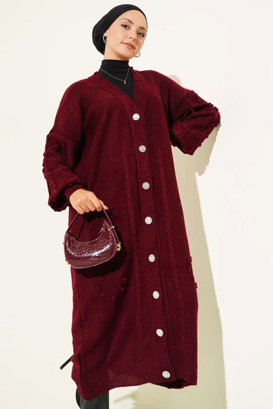 Taşlı Düğmeli Triko Hırka Bordo ürün görseli