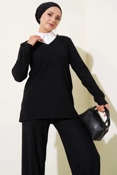 Gömlek Yaka Fitilli Salaş İkili Takım Siyah - Resim 2