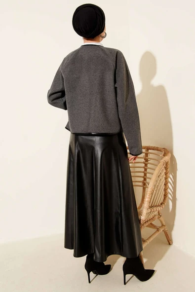 Deri Biyeli Kaşe Kısa Ceket Füme - 3