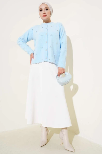 Taşlı Çiçek Düğmeli Sakallı Hırka Mavi - Resim 2