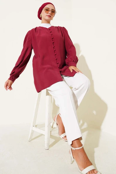 Brit Düğmeli Tensel Gömlek Bordo - Resim 2