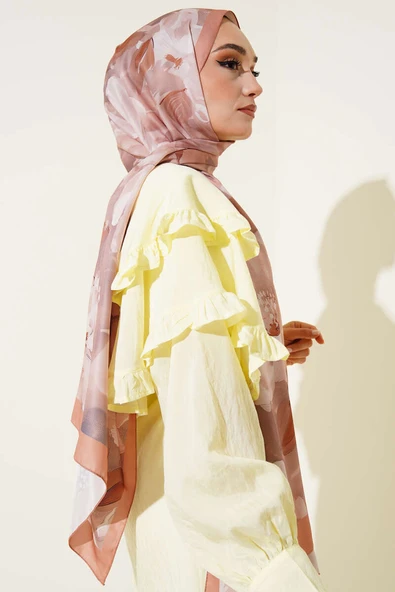 Çiçek Desen Twill Şal Latte - Resim 3