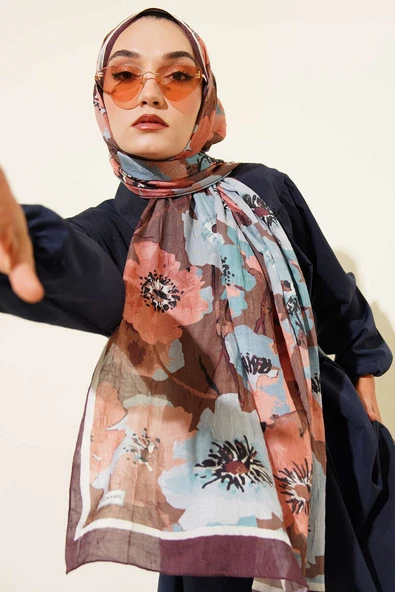 Çiçek Desenli Soft Bambu Kraş Şal Acı Kahve - Resim 2