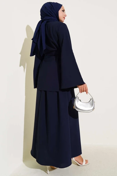 Tek Düğmeli Kuşaklı Dabıl İkili Takım Lacivert - Resim 3