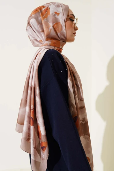 Çiçek Desen Twill Şal Kum Bej - Resim 3