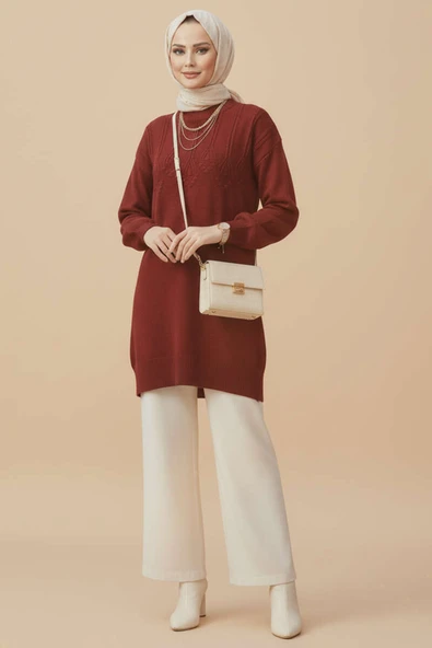 Kabartma Desen Yumoş Triko Tunik Bordo - Resim 2