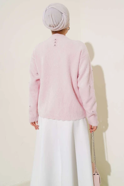 Taşlı Çiçek Düğmeli Sakallı Hırka Pudra - Resim 3