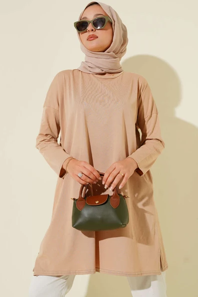 Yan Yırtmaçlı Basic Tunik Camel ürün görseli