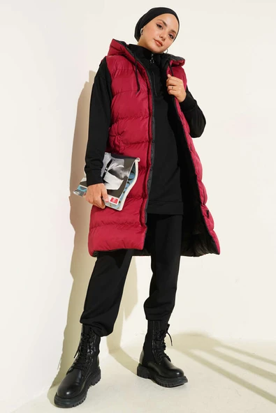 Çift Taraflı Fermuarlı Şişme Yelek Siyah Bordo - Resim 2