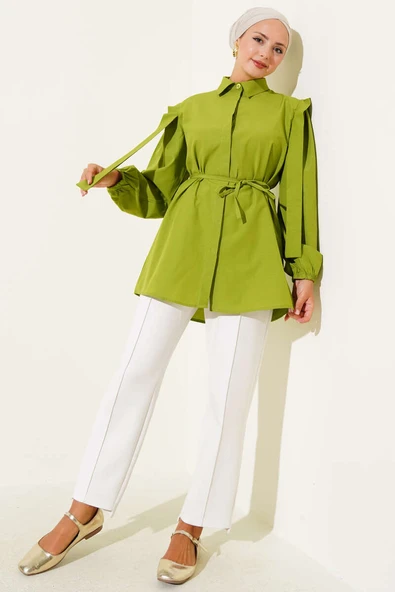 İp Kuşaklı Omuz Pelerinli Gömlek Fıstık Yeşili - Resim 2