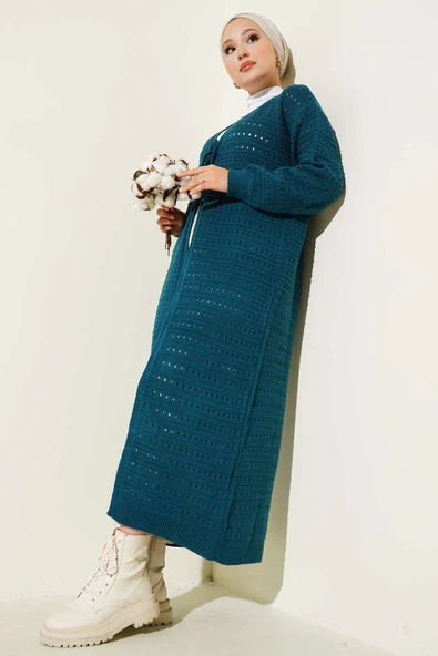 Bağcık Detaylı Uzun Triko Hırka Petrol ürün görseli