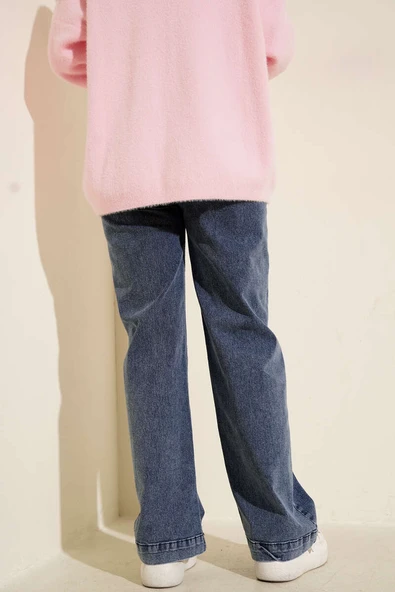 Önü Metal Düğmeli Bol Kot Pantolon Kot Mavisi - Resim 3