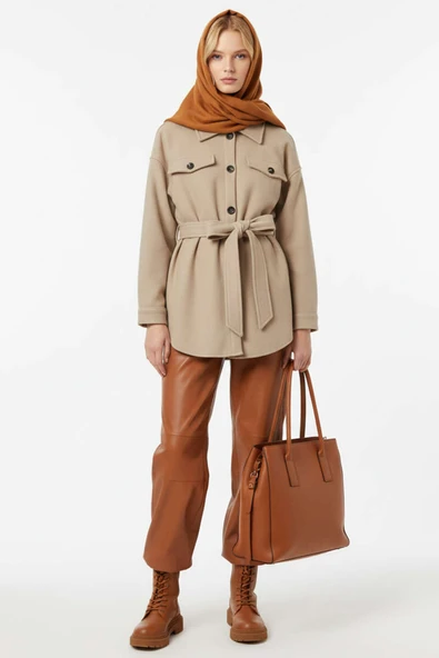 Kuşaklı Düğmeli Kaşe Ceket Bej