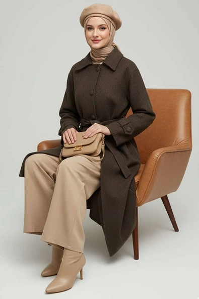 Kuşaklı Düğmeli Kaşe Kaban Acı Kahve ürün görseli 1