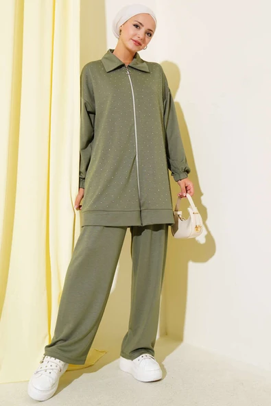 Loyşa Taş Süslemeli Fermuarlı İkili Takım Çağla Yeşili ürün görseli 1