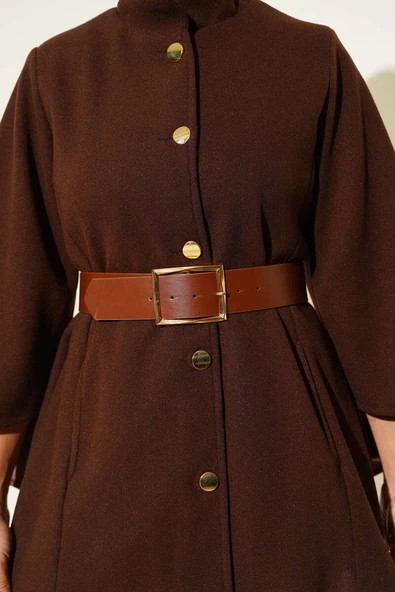 Gold Düğmeli Kaşe Panço Kahve - 4