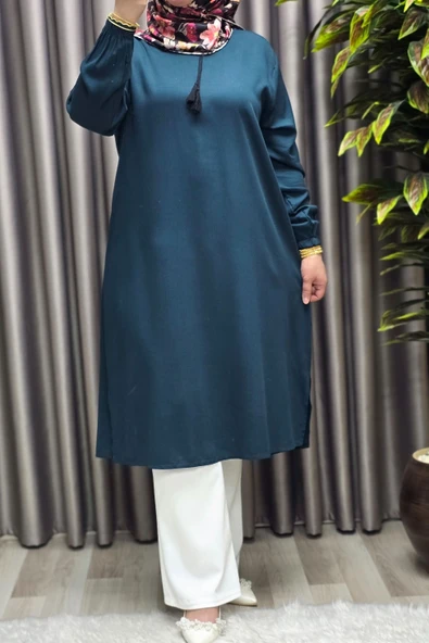 Kadın Tesettür Giyim Büyük Beden Tek Renk İpli Tunik - Resim 4