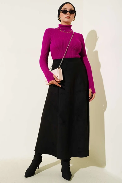 Balıkçı Yaka Parmak Geçirmeli Triko Kazak Mor - Resim 2