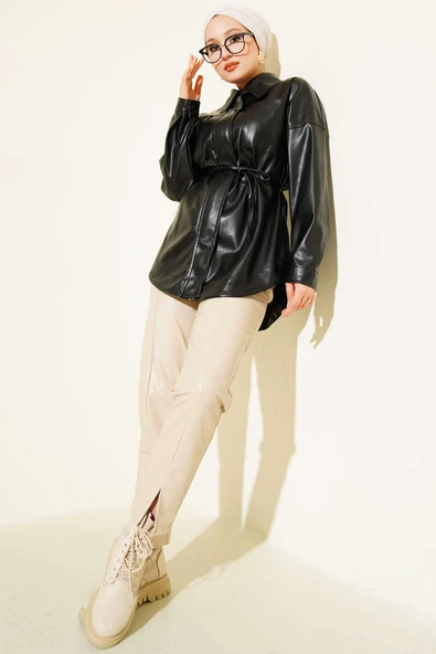 Gömlek Yaka İp Kuşaklı Deri Ceket Siyah