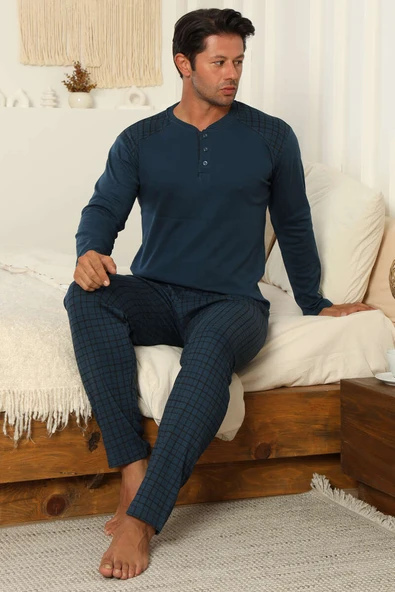 Yaka Düğmeli İnterlok Erkek Pijama Takımı İndigo ürün görseli 1