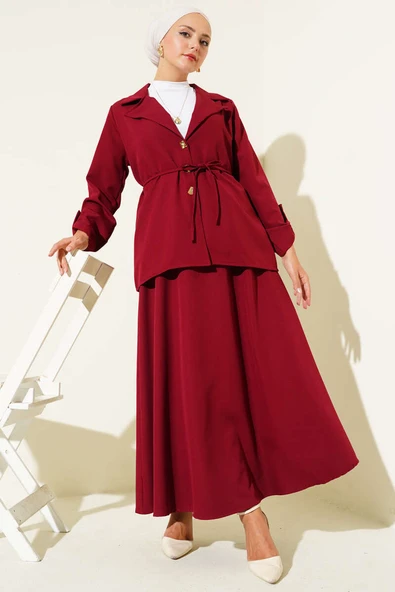 Kruvaze Yaka Gold Düğmeli Dabıl İkili Takım Bordo ürün görseli 1