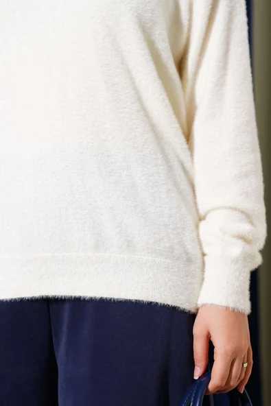 Basic Bisiklet Yaka Sakallı Kazak Ekru - Resim 4