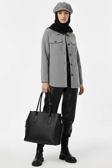 Kuşaklı Düğmeli Kaşe Ceket Gri