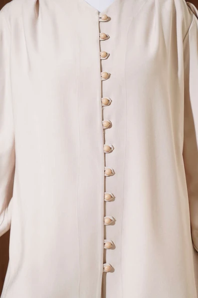 Brit Düğmeli Tensel Gömlek Bej - Resim 4