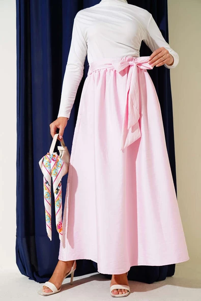 Kendinden Kuşaklı Kloş Etek Pembe ürün görseli 1