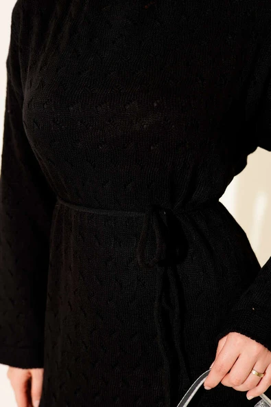 İp Kuşaklı Ajurlu Triko Elbise Siyah - 4