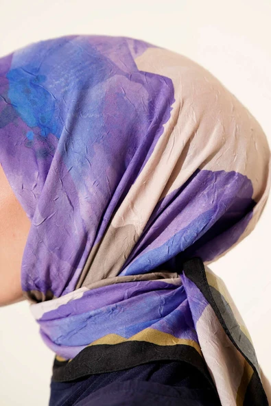 Çiçekli Şeritli Bambu Kraş Eşarp Mor - Resim 4