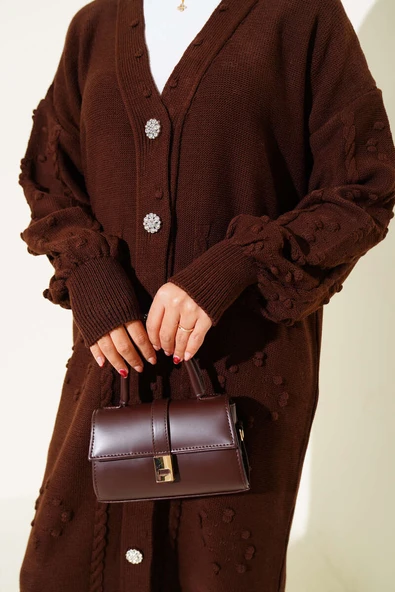 Taşlı Düğmeli Triko Hırka Kahve - Resim 4