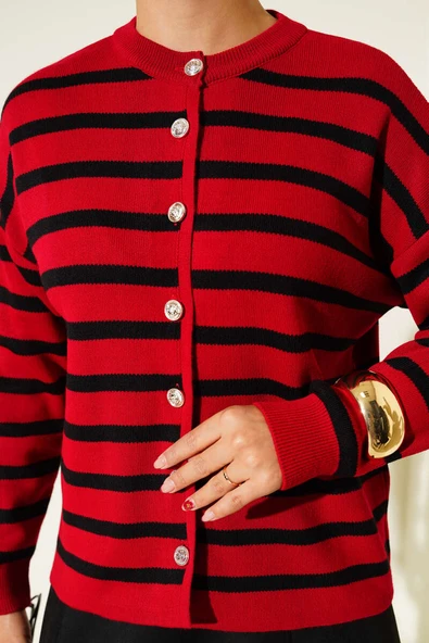 Çizgili Düğme Detaylı Kısa Triko Hırka Kırmızı - Resim 4