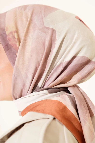 Çiçekli Şeritli Bambu Kraş Eşarp Camel - Resim 4