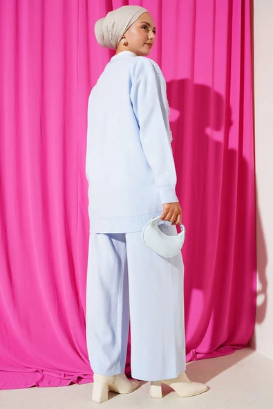 İnci Çiçek Detaylı İkili Triko Takım Mavi - Resim 3