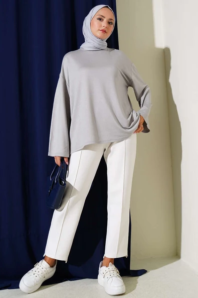 Loyşa Düşük Omuz Basic Tunik Gri - Resim 2