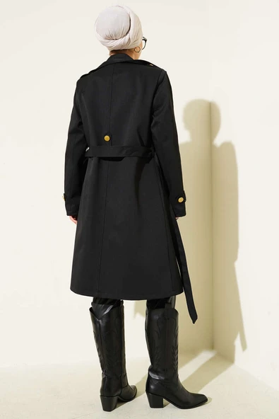Tek Omuz Apoletli Kruvaze Trençkot Siyah - Resim 3