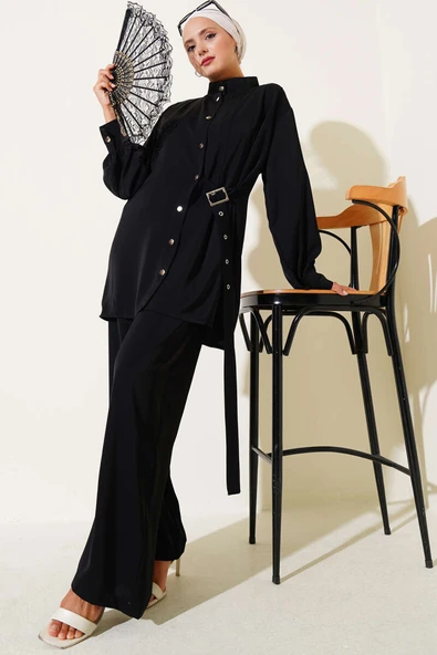 Yandan Kemer Detaylı İkili Takım Siyah - Resim 2