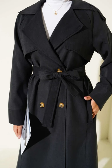 Omuz Apoletli Düğme Detaylı Trençkot Siyah - Resim 4